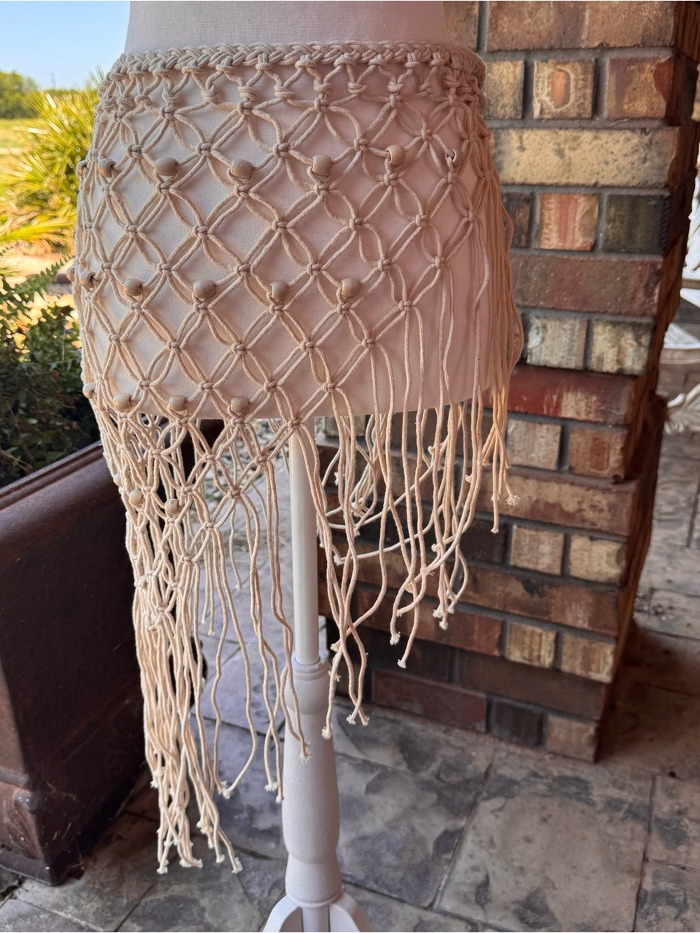 Beige coverup/sarong, Macramé Fringe Mini Skirt with wooden beads/accents
